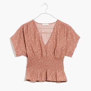 Madewell V-Neck Smocked Waist Top in Daisy Stitch - Faded Mauve - XXS